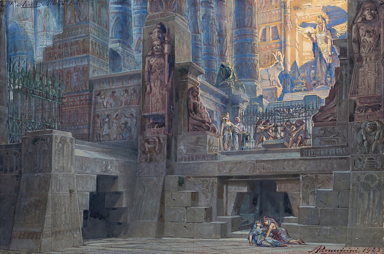 ジュゼッペ ヴェルディによるオペラ アイーダのセット デザイン、1923 年。 作： アンジェロ・パラヴィチーニ