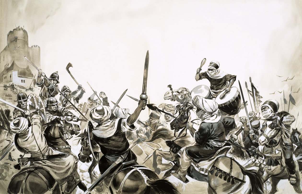 711年、スペイン軍を攻撃するムーア人の戦士たち 作： アンガス・マクブライド