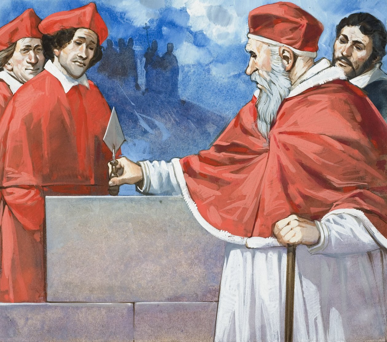 ローマ教皇ユリウス2世（1443-1513）、1506年、サンピエトロの礎石を据える（紙にグワッシュ） 作： アンガス・マクブライド