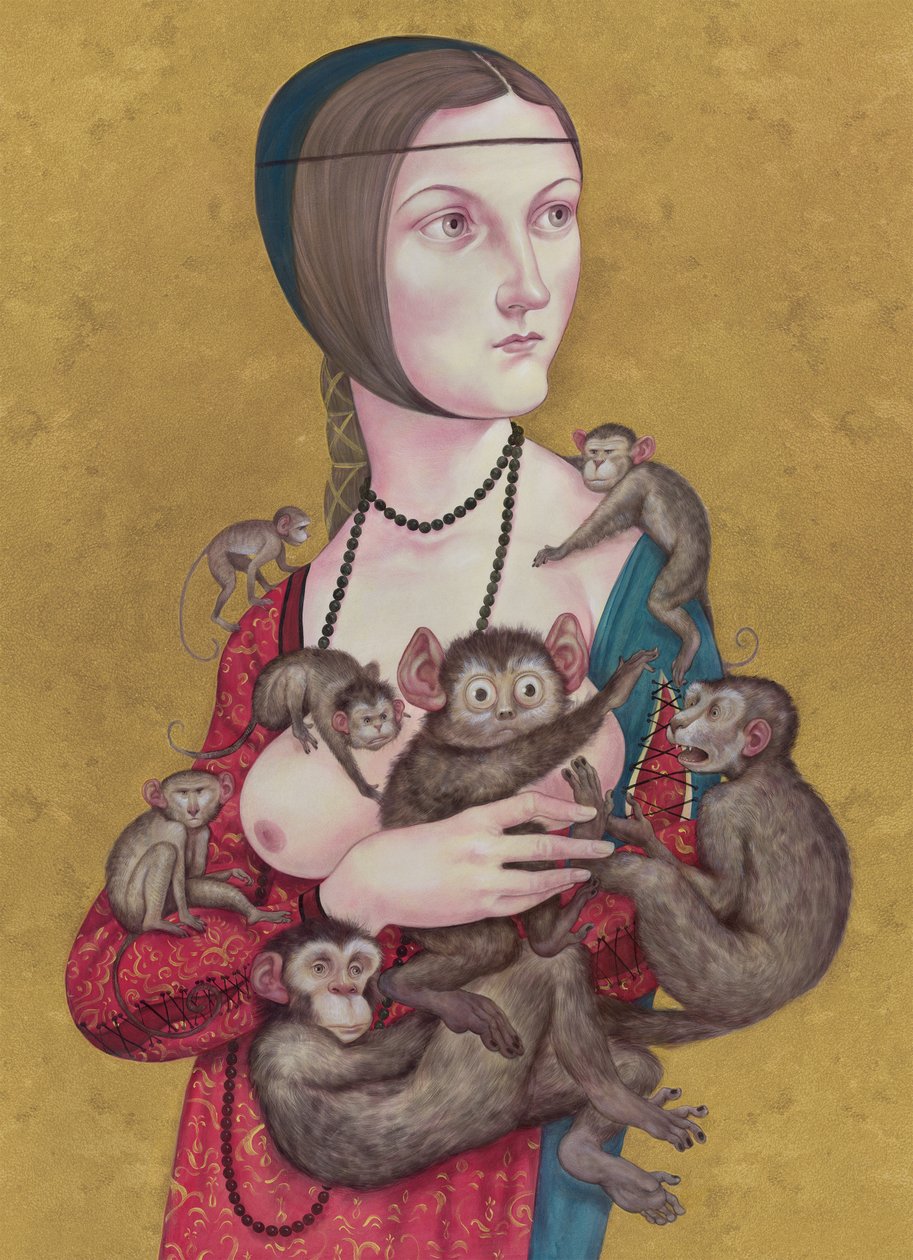 猿を連れた女》2016（イラストレーションボードにアクリル絵の具） 作： アニタ・クンツ