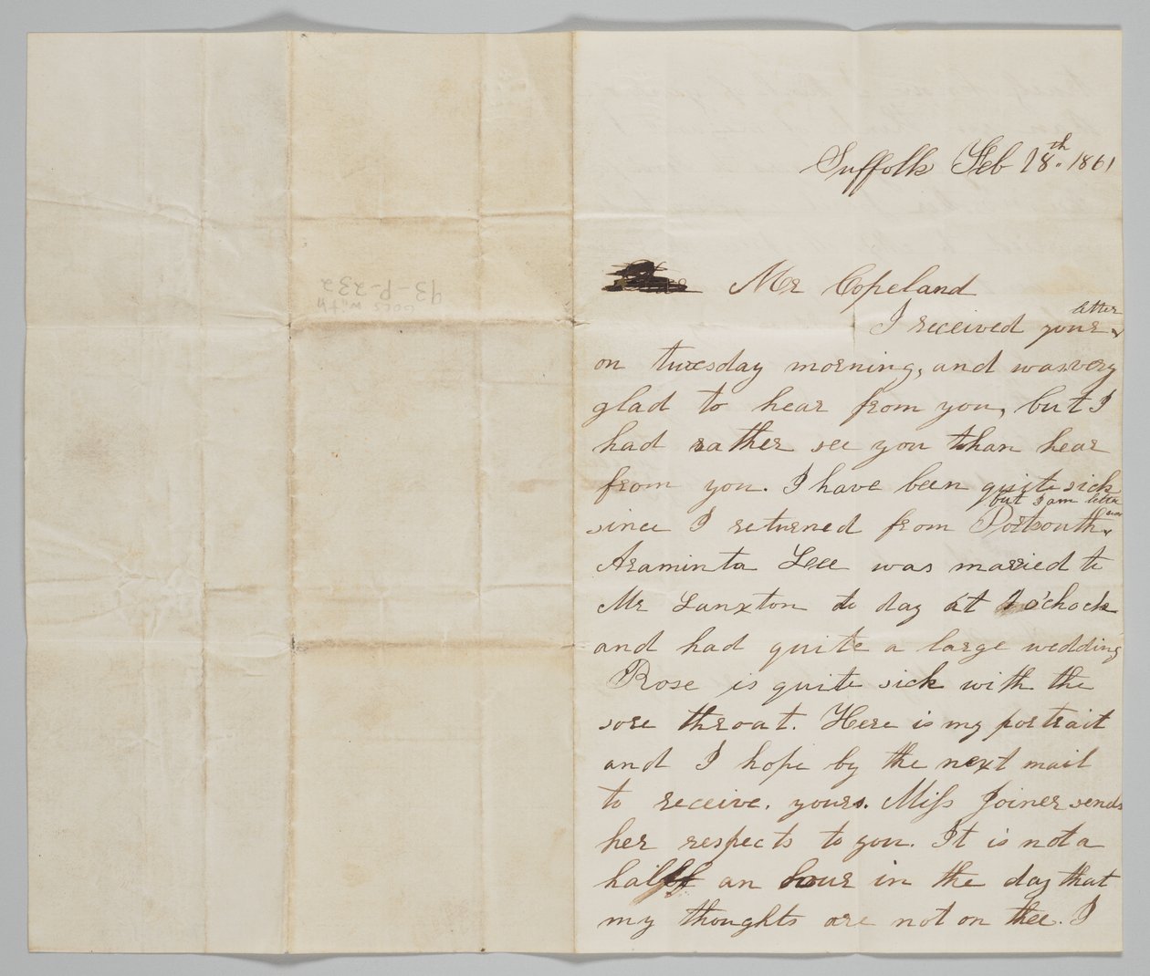 1861 年 2 月 18 日、妻アンからジョン コープランドへの手紙。 作： アンハーストコープランド