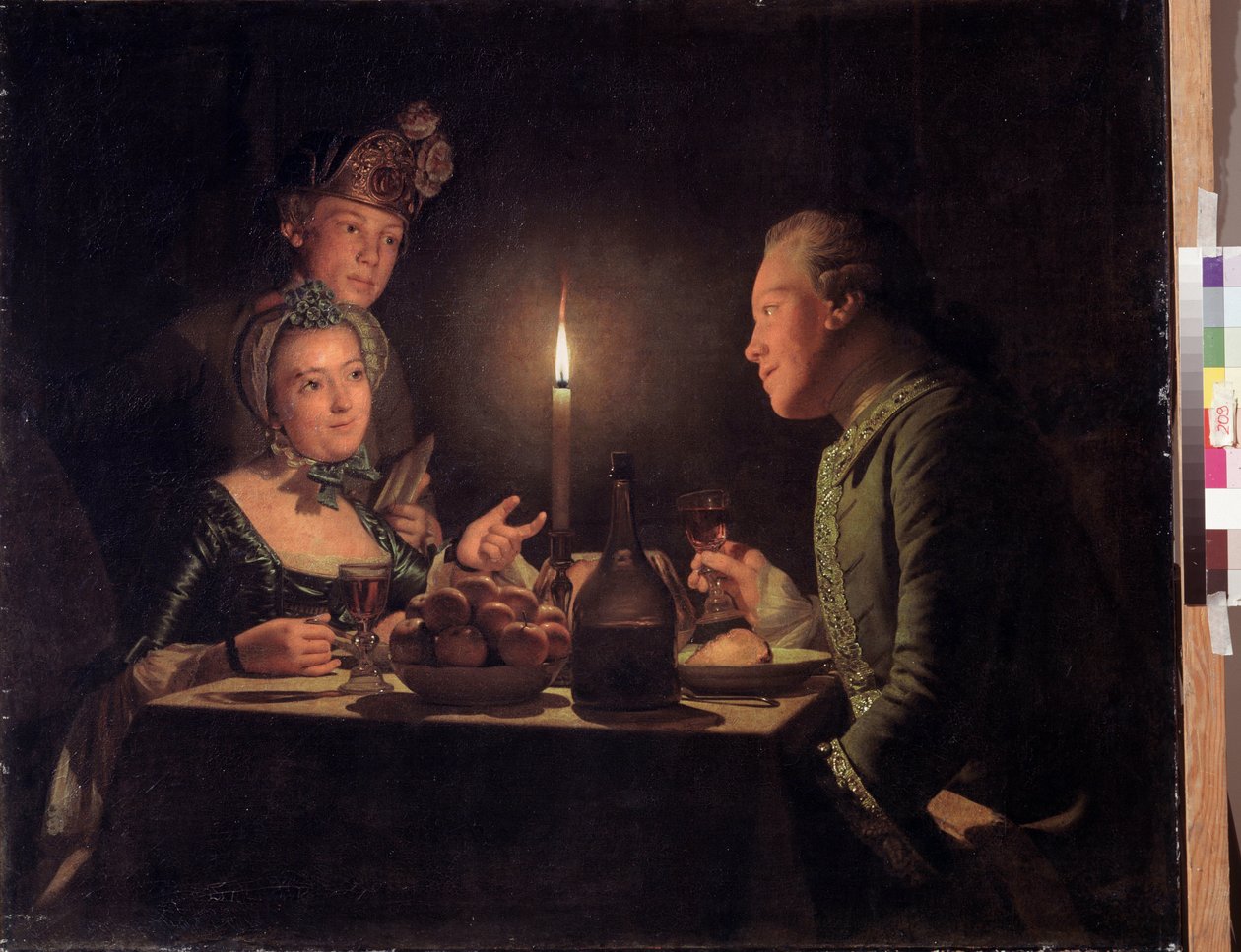 キャンドルライトディナー（キャンドルライトディナー）。 Anna Dorothea Therbusch Lisiewska (1721-1782) による絵画。 キャンバスに油彩、95.5 x 117 cm 作： アンナドロテアリシエフスカ