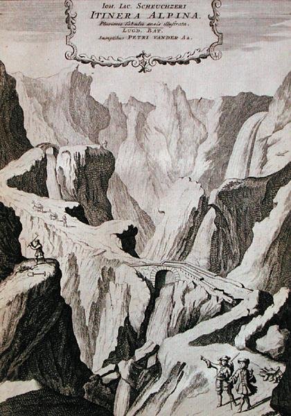 1706年に出版されたJohann Jacob Scheuchzeri著「Itinera Alpina」の第1巻の表紙（彫刻）。 作： アンナワセーラ（後）ティグリナ