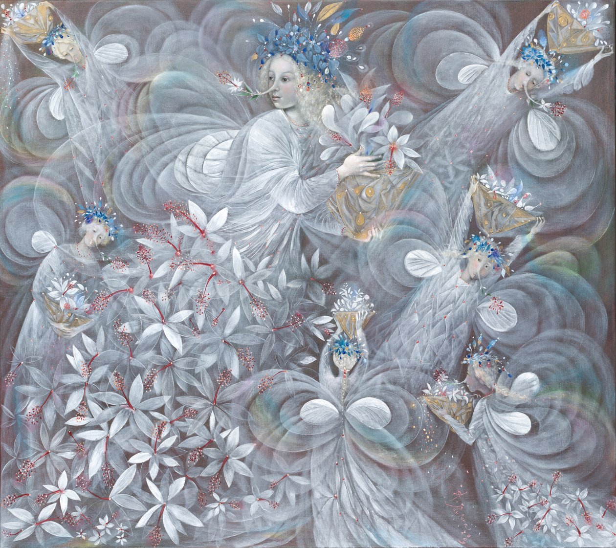 白いハイビスカス, 2009 (ベルギーリネンに油彩) 作： アナエル・アネリア・パブロワ