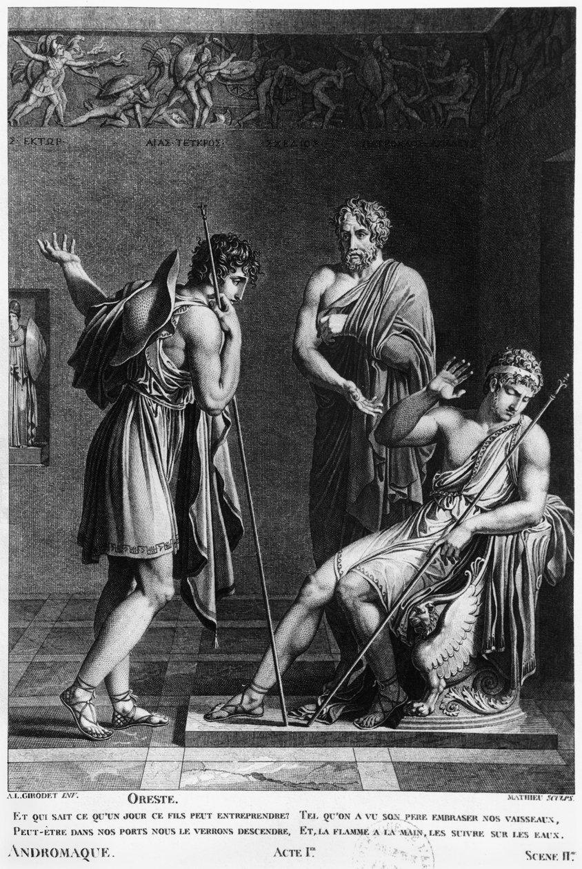 オレステスとピュロス、マシュー（19世紀）によって彫刻されたJean Racine（1639-99）による「アンドロマケ」のAct I Scene 2のイラストからのイラスト 作： アン・ルイス・ジロデ・ド・ルーシー・トリオソン