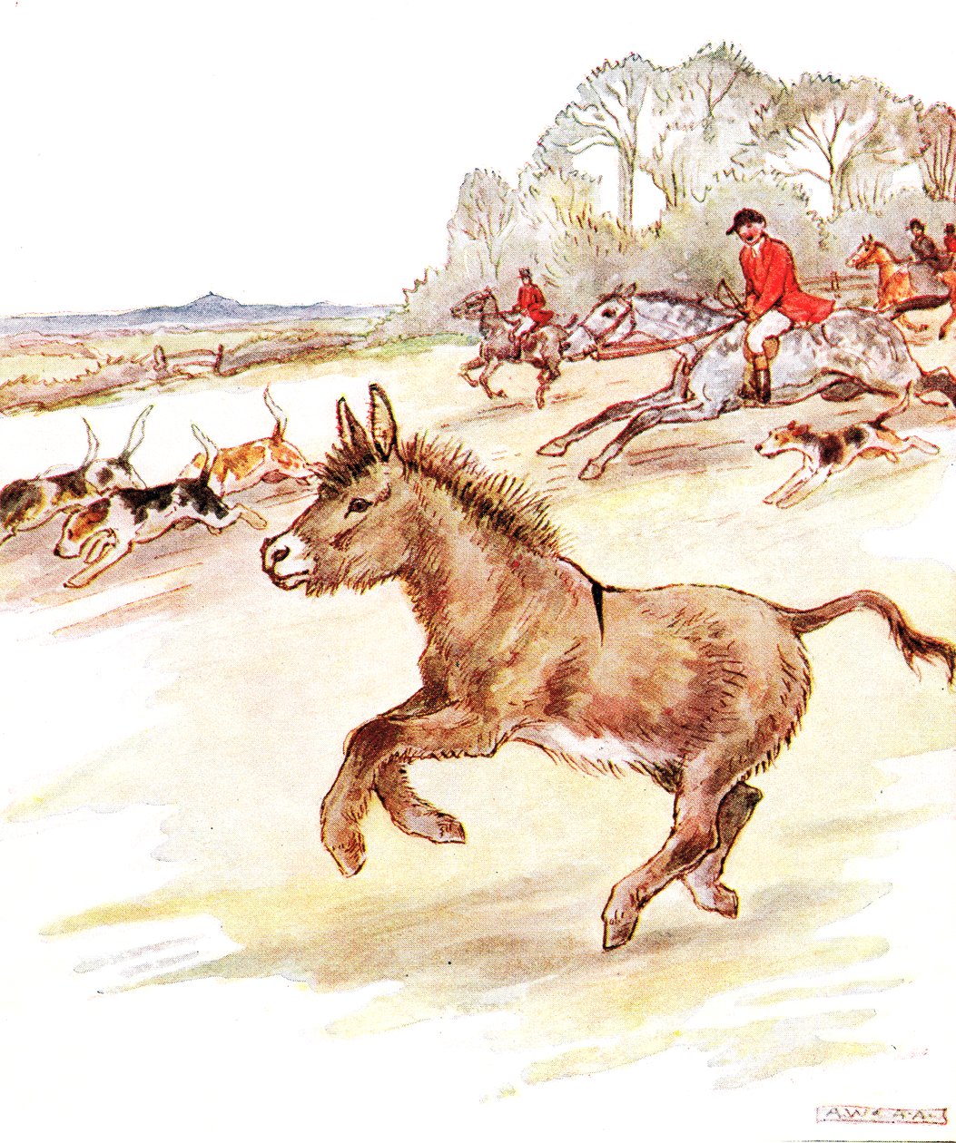 『今日の私の人生の時間を過ごしました。馬とたくさんの犬に赤いコートを着た男性が私の畑を駆け巡って来た」、イラストは「いたずらなエディブック」、トーマスネルソンウントソンス発行、1920年代（colou 作： アン・アンダーソン
