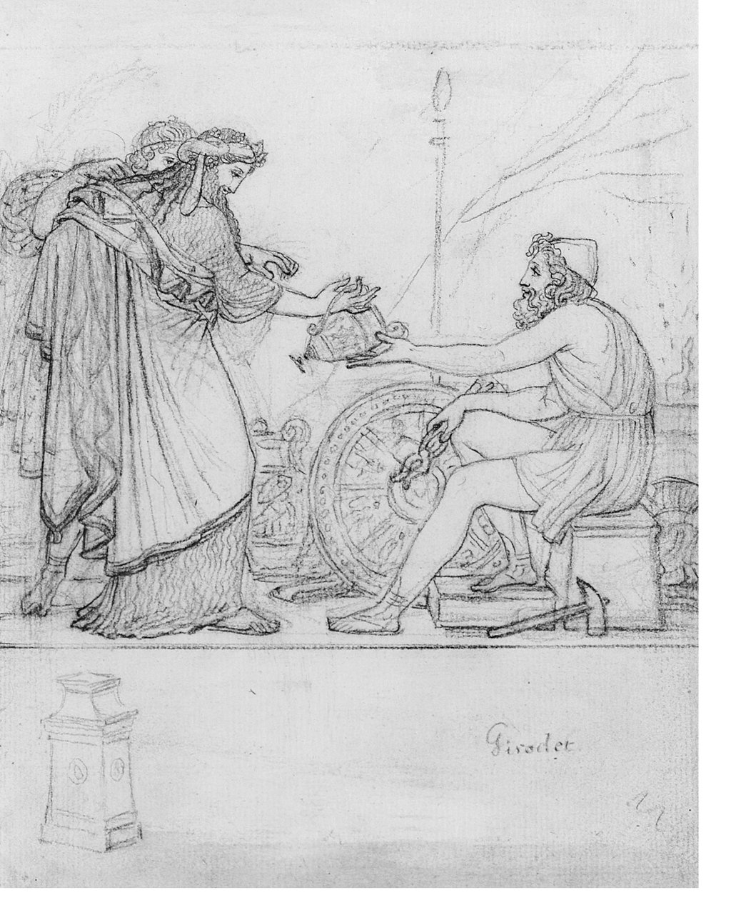 二人の立像から銀の壺を受け取るアナクレオンと、石碑の習作。ジロデ」と書かれたアナクレオーンの頌歌XVIIの挿絵（紙に黒チョーク 作： アン・ルイス・ジロデ・ド・ルーシー・トリオソン