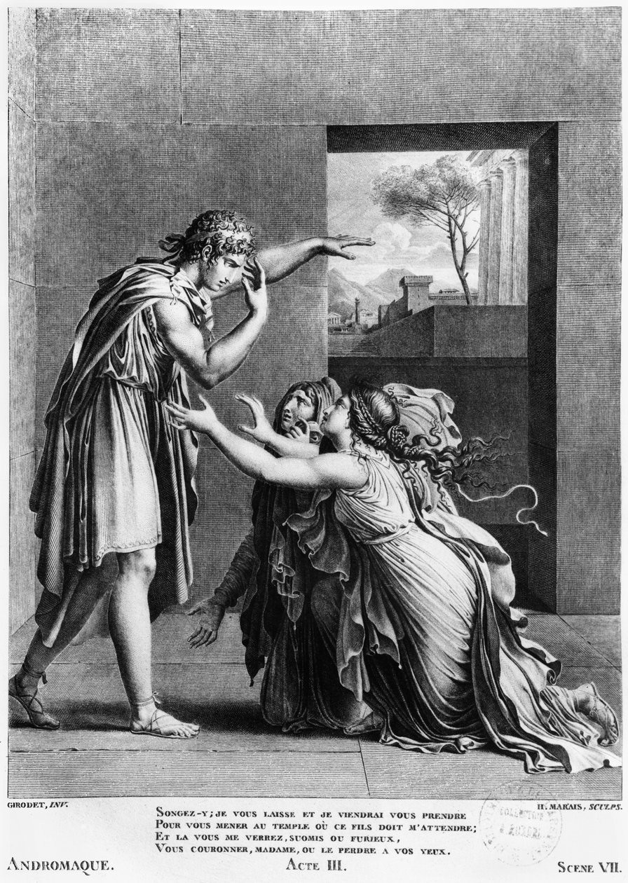 ピュロスの足元にあるアンドロマケ、アンリマレ（bc1768）によって彫刻されたジャンラシーヌ（1639-99）による「アンドロマケ」の第7幕シーン7のイラスト 作： アン・ルイス・ジロデ・ド・ルーシー・トリオソン