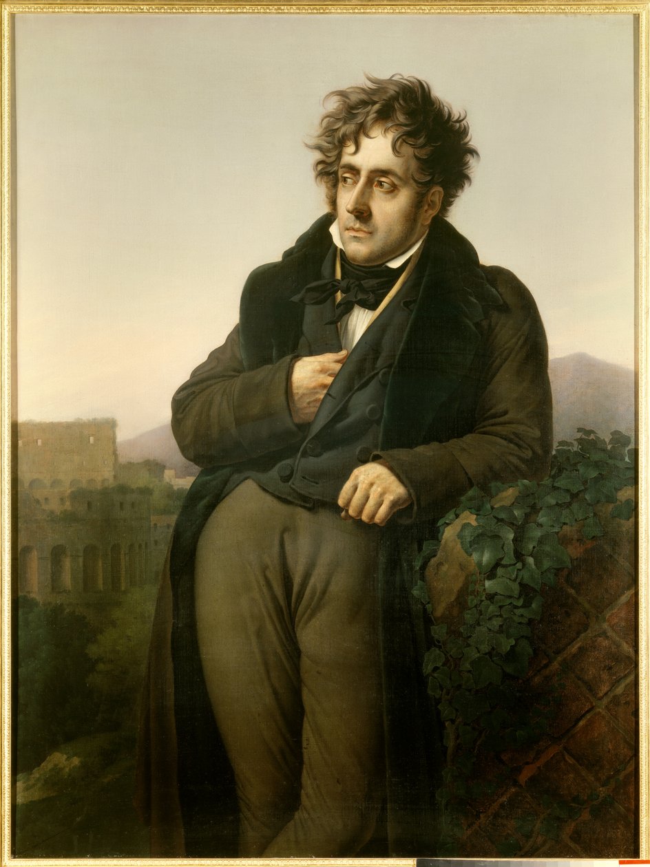フランソワ・ルネの肖像、シャトーブリアンの子爵（1768-1848）は、コリゼーの景色の前でローマの遺跡について瞑想しています。 作： アン・ルイス・ジロデ・ド・ルーシー・トリオソン