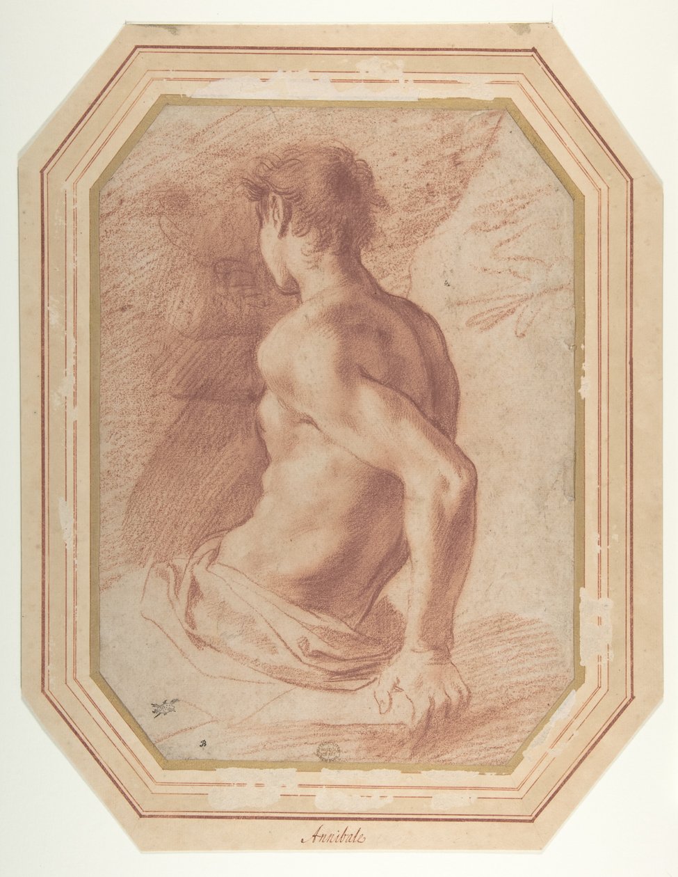 左を向いて座る裸の青年の後ろ姿 作： Annibale Carracci