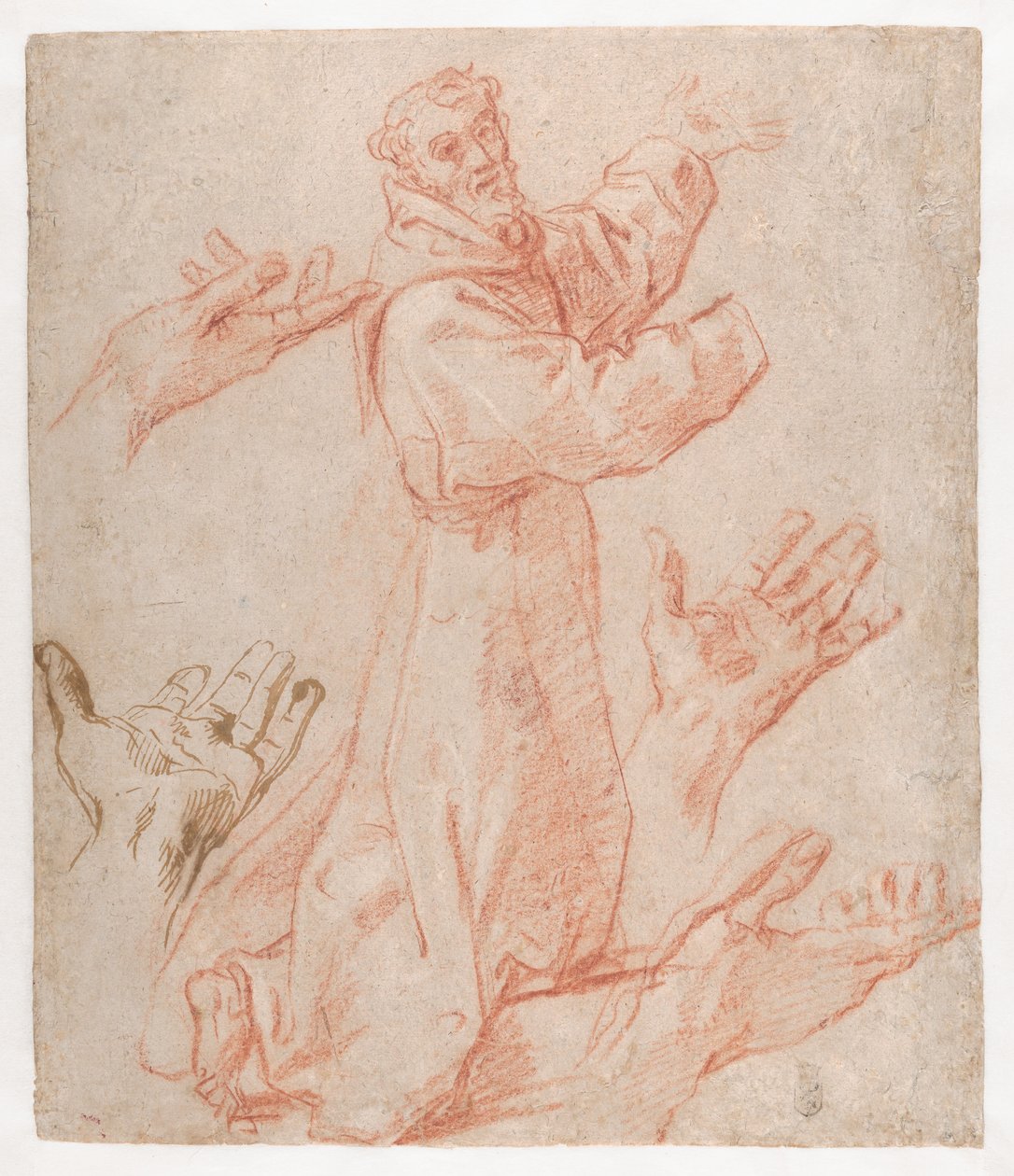 カラッチ-跪く聖フランチェスコ像とその手のための習作（レクト）、1583-85年 作： Annibale Carracci