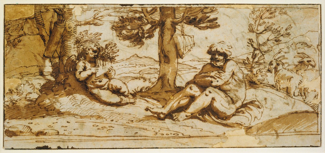 Flötenspielender Amor und Silenus in einer arkadischen Landschaft 作： Annibale Carracci