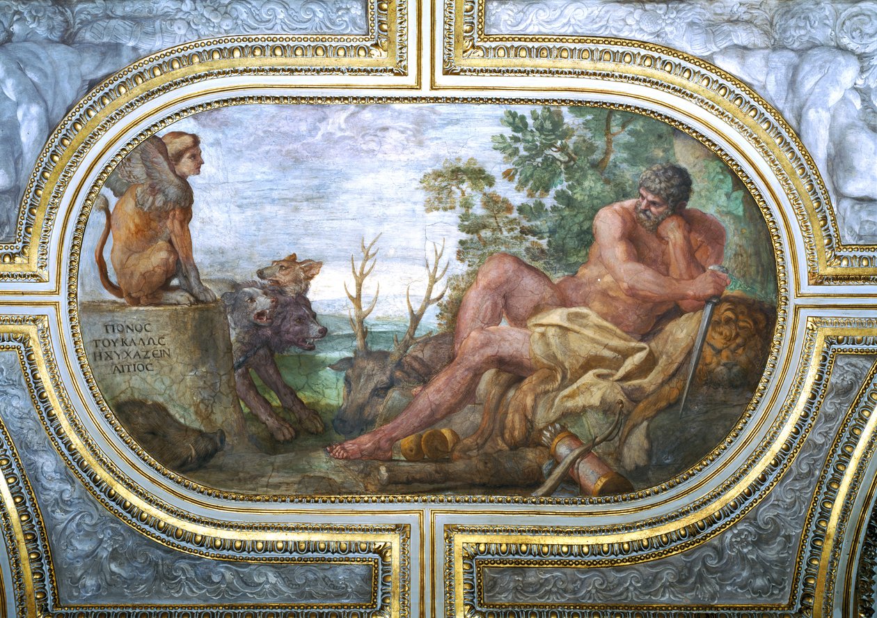 ヘラクレスとケルベロスとスフィンクス、「カメリノ」から、1596 作： Annibale Carracci