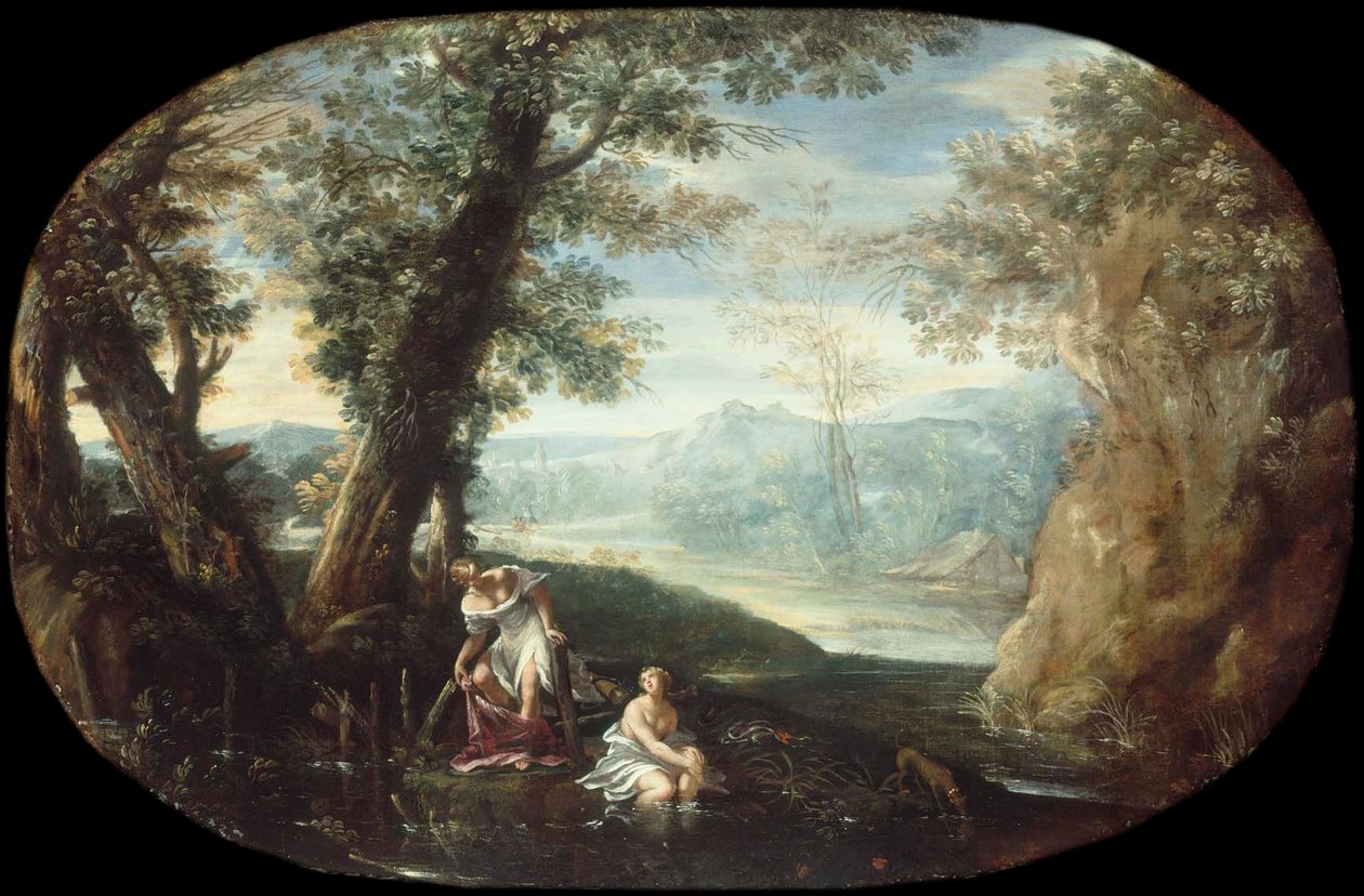 水浴する女性たちのいる風景 作： Annibale Carracci