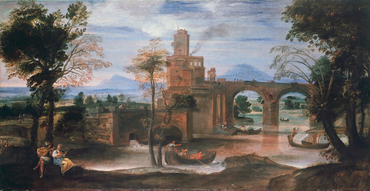 城と橋のある川の風景 1598年頃 （油彩・キャンバス 作： Annibale Carracci