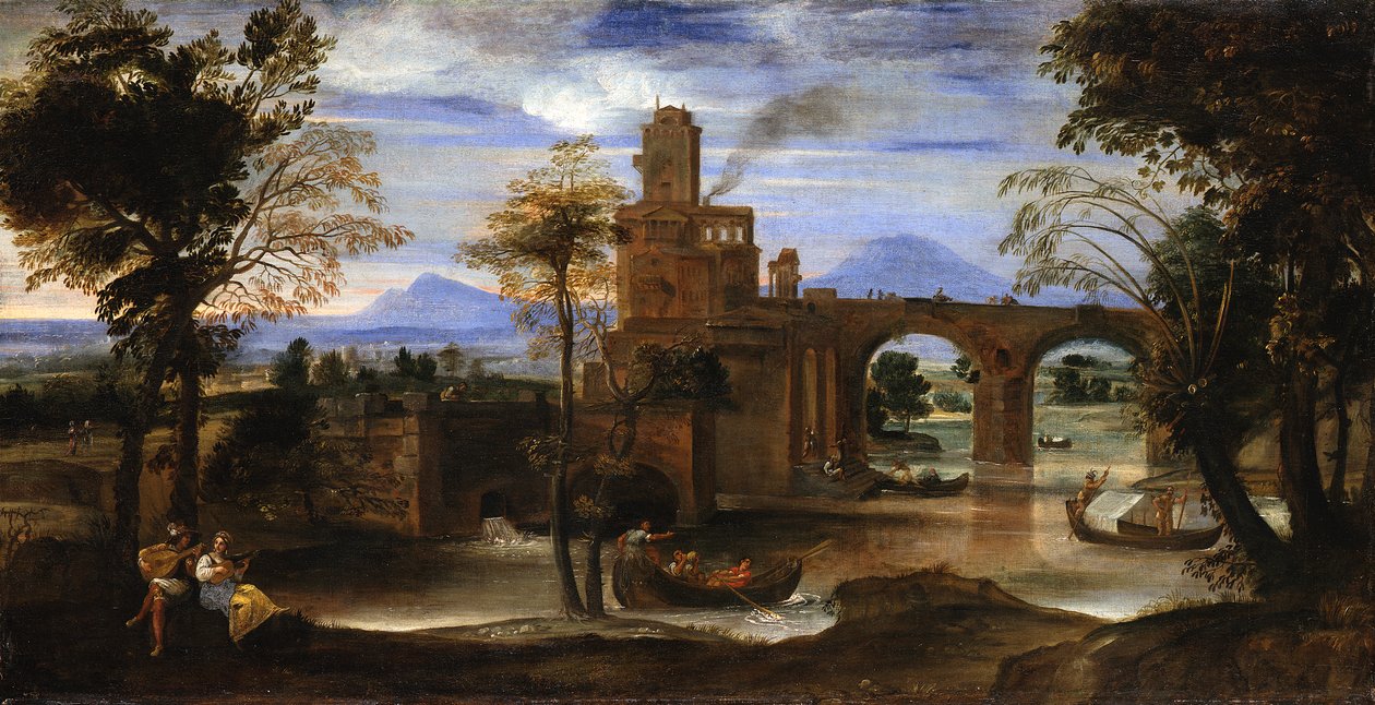 城と橋のあるローマの河川風景 作： Annibale Carracci