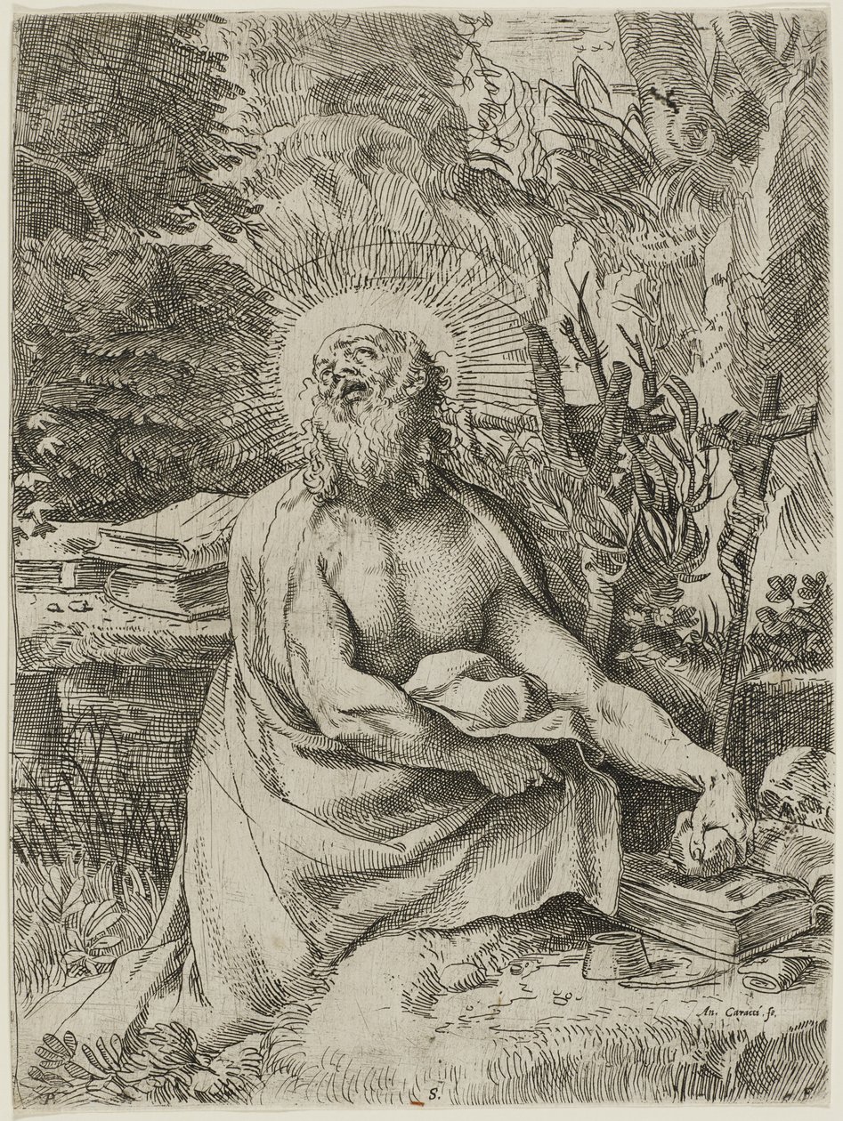 荒野の聖ヒエロニムス、1591年（紙に彫刻を施してエッチング、iiiiv） 作： Annibale Carracci
