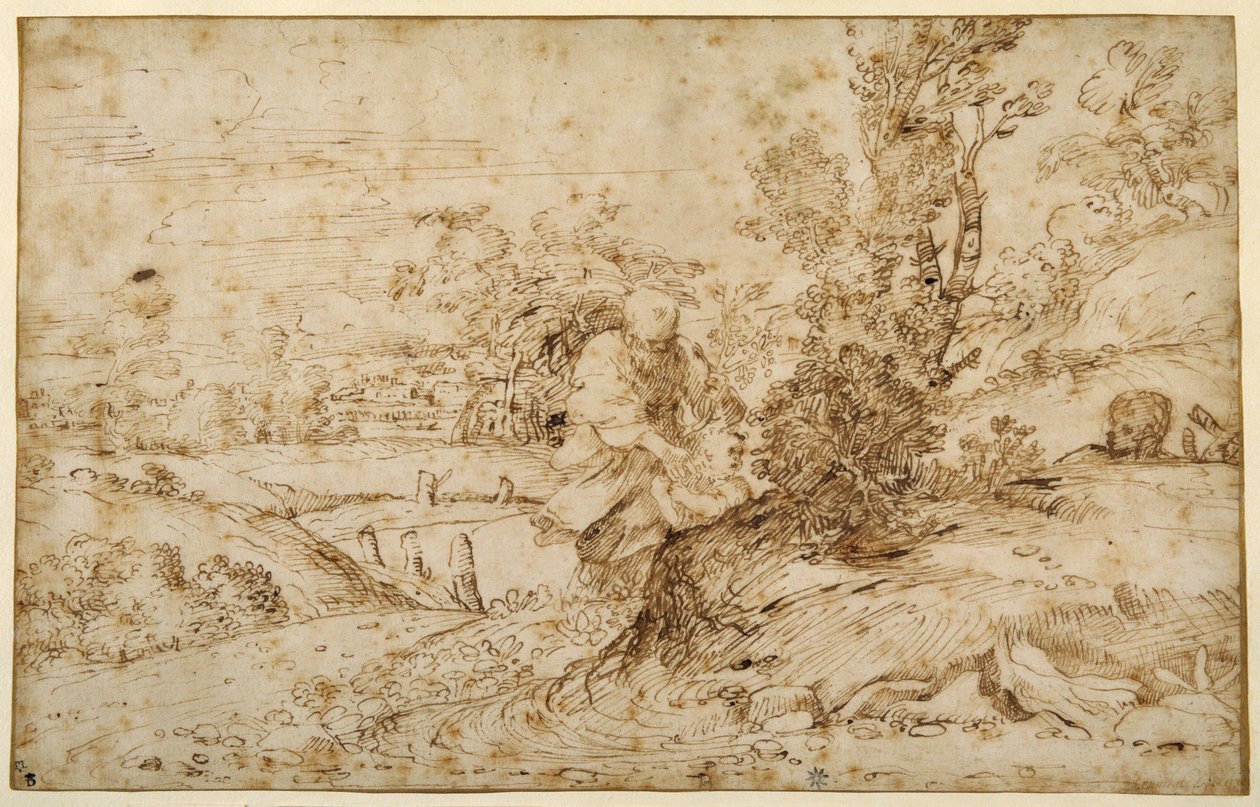 フライトからの帰還」（紙にペン、茶インク 作： Annibale Carracci