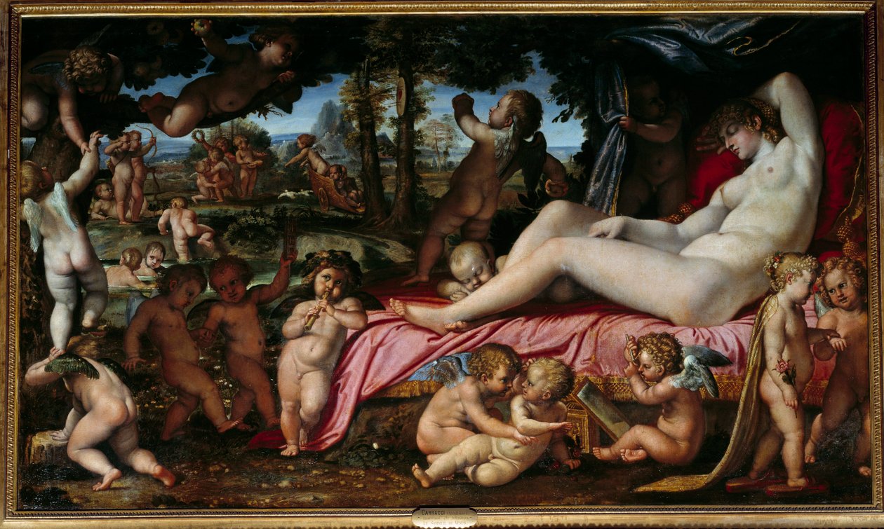 ヴィーナスの眠り Annibale Carracci または Annibal Carrache（1560-1609）の絵画 1602年 日1,9x3,28 m シャンティイ、コンデ美術館 作： Annibale Carracci