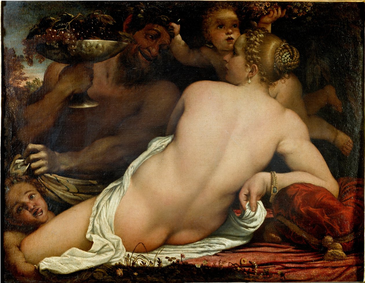 バッカン、ヴィーナス、サテュロス、2匹のキューピッド、細部（油彩・カンヴァス、1588年頃 作： Annibale Carracci