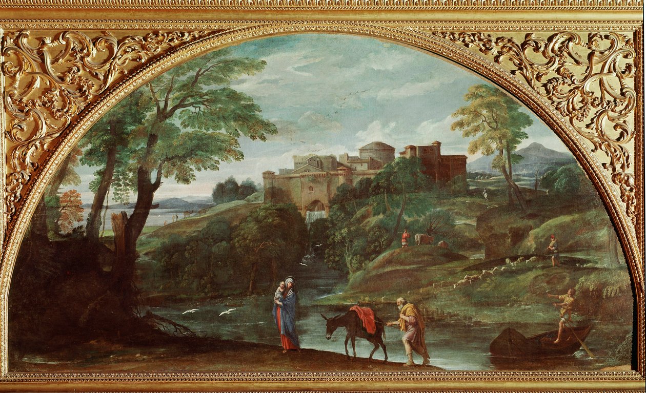 エジプトへの飛行。Annibale Carracci dit Carrache (1560-1609)による絵画。縮小版：122x230cm。イタリア、ローマ、ドリア・パンフィリのガレリア。 作： Annibale Carracci