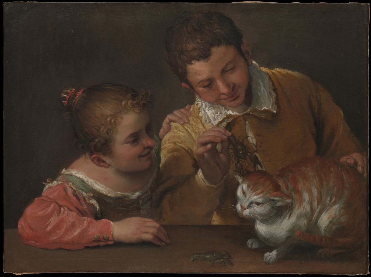 猫をからかう二人の子供 作： Annibale Carracci