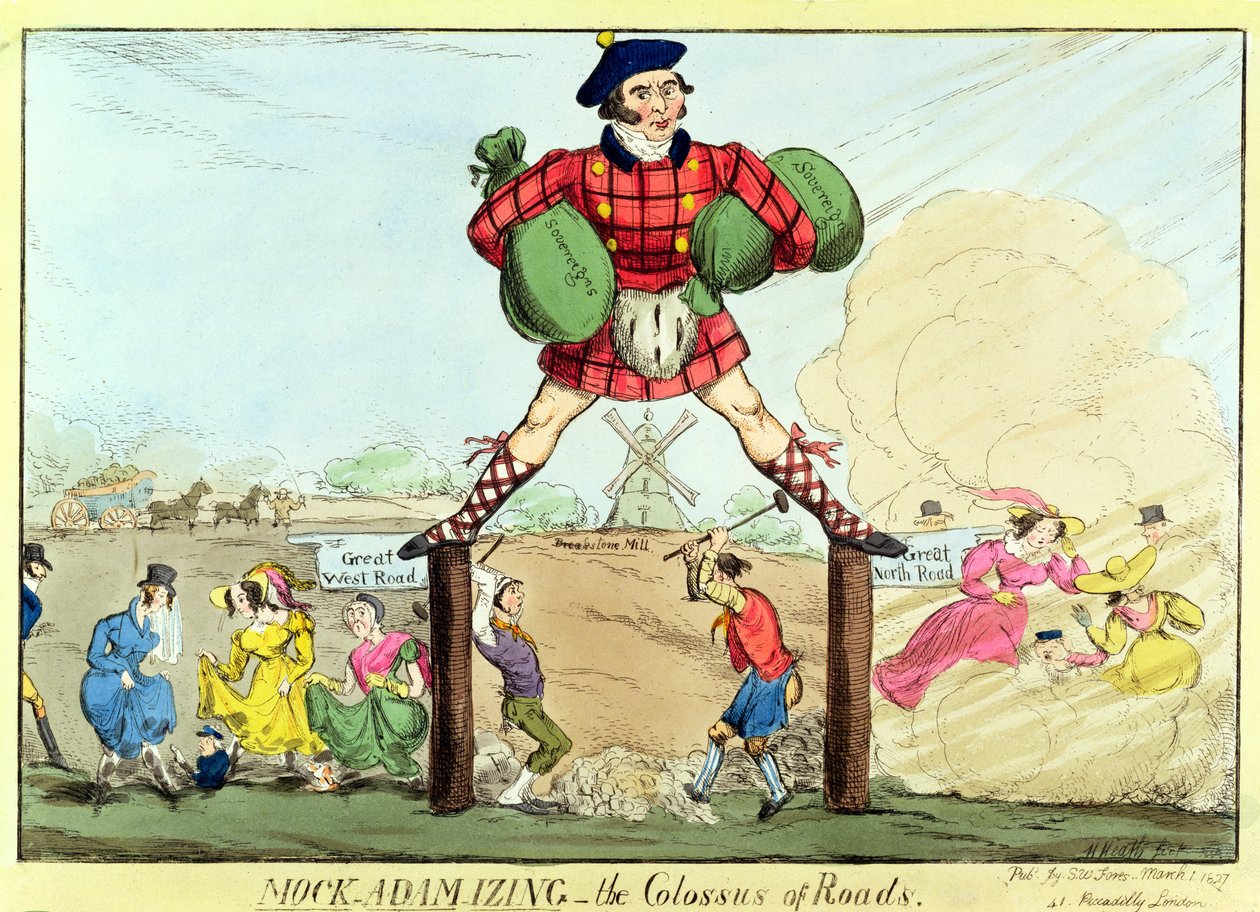 モックアダム化：道路の巨像、ジョンマカダムのランプーン、1827年（印刷） 作： 不明不明
