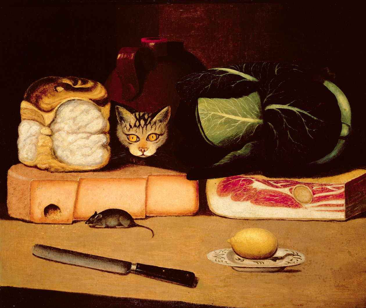 猫とネズミのいる静物、プリミティブスクール、1820年 作： 不明不明