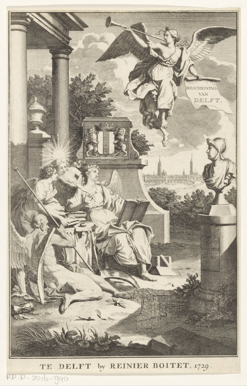 デルフトのアレゴリー デルフトの説明 (オブジェクトのタイトル) タイトル ページ: S.n.、Beschryving der stadt Delft、1729 年 作： 匿名