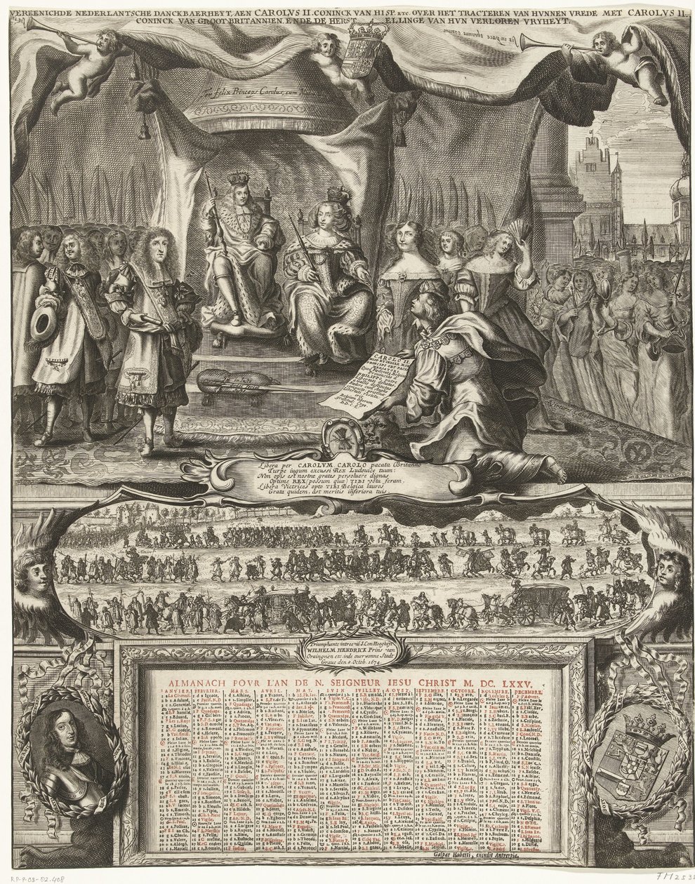 1674 年のイングランドとの和平の寓話と 1675 年の年鑑 Vereenichde Nederlantsche danckbaerheyt, aen Carolus II. コニンク・ヴァン・ヒスプ。 Carolus IIとの和解について。 大ブリタニアンのコニンク、回復の終わり 作： 匿名