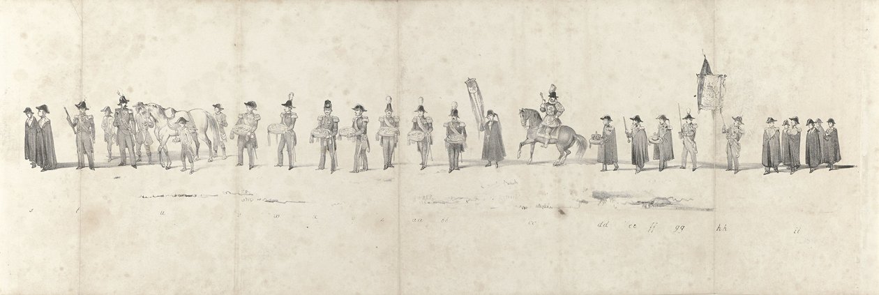 1849 年 4 月 4 日にデルフトで行われた故ウィレム 2 世の葬儀 (3 ページ) 1849 年のウィリアム 2 世の葬列の連続した 5 枚のシート (シリーズ タイトル) 作： 匿名