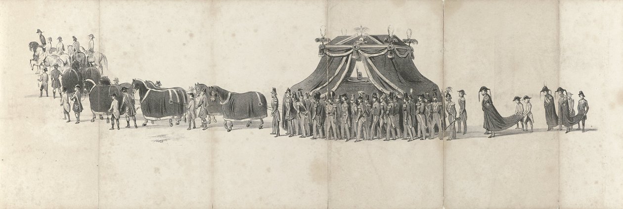 1849 年 4 月 4 日にデルフトで行われた故ヴィレム 2 世の葬儀 (4 ページ) 1849 年のウィリアム 2 世の葬列の連続した 5 枚のシート (シリーズ タイトル) 作： 匿名