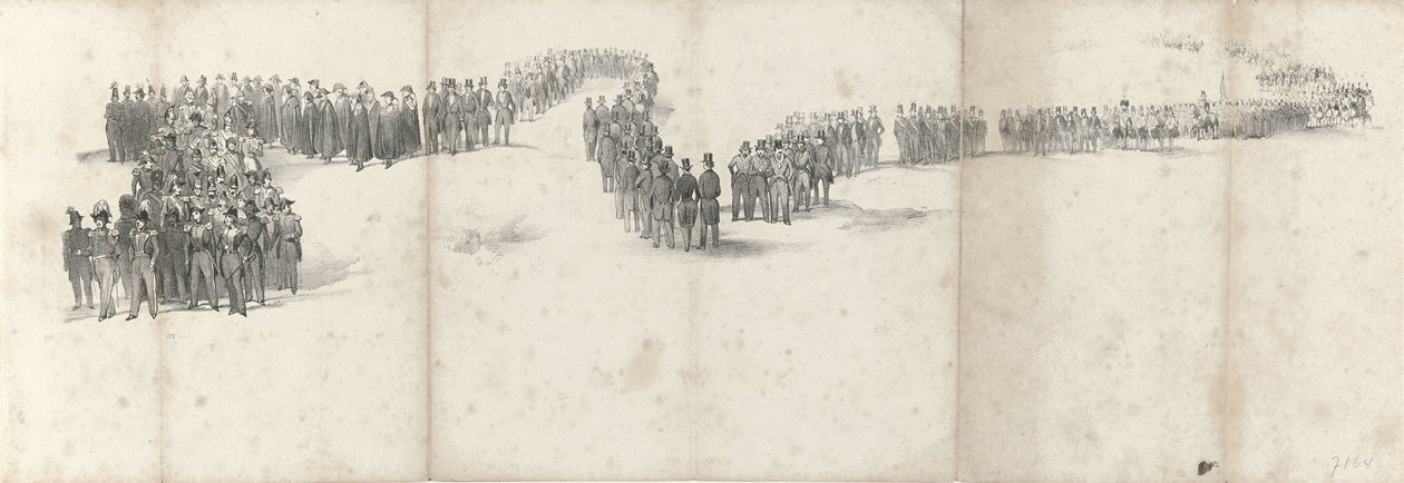 1849 年 4 月 4 日にデルフトで行われた故ウィレム 2 世の葬儀 (5 ページ) 1849 年のウィリアム 2 世の葬列の連続した 5 枚のシート (シリーズ タイトル) 作： 匿名