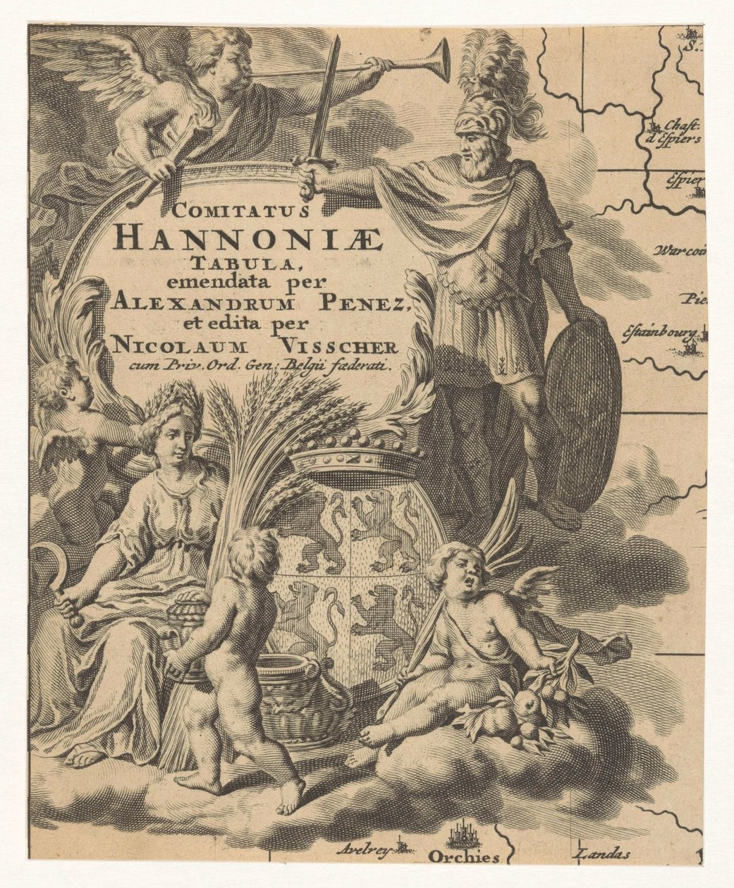 Ceres, putti en wapen Henegouwen ハノニア郡地図 (オブジェクトのタイトル) 作： 匿名