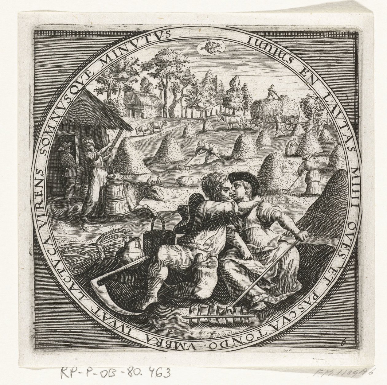 De maand juni, hooimaken, ca. 1600 De twaalf maanden van het jaar verbeeld in scènes uit het volksleven (シリーズ タイトル) 12 ヶ月のスキームとその操作、および干支への適用、1 年を 4 つの部分に分割 (オブジェクトに関するシリーズ タイトル) 作： 匿名