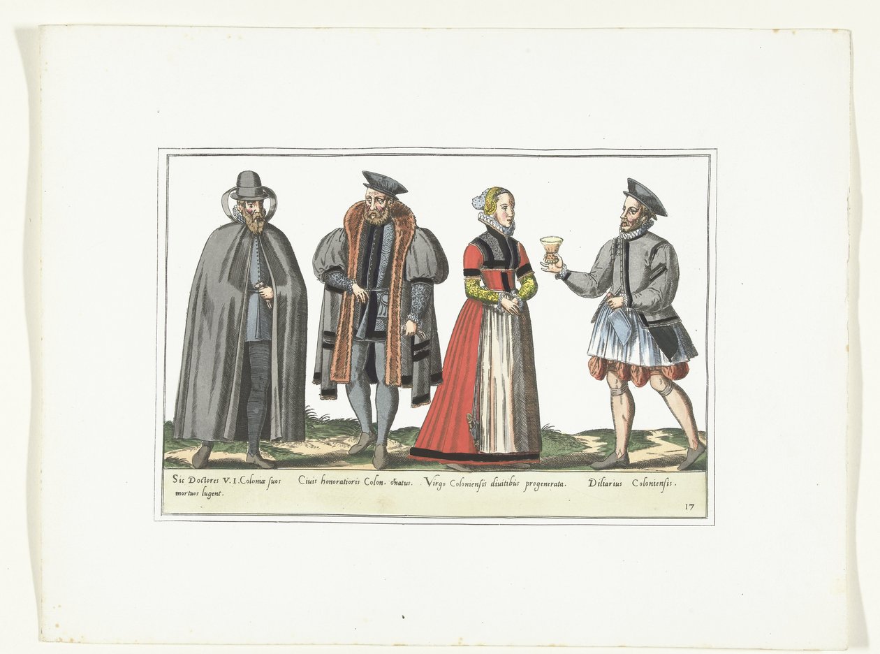 ドイツのファッションに合わせて服を着た 3 人の男性と 1 人の女性、1580 年頃 コスチューム アルマン (オブジェクトのタイトル) 作： 匿名