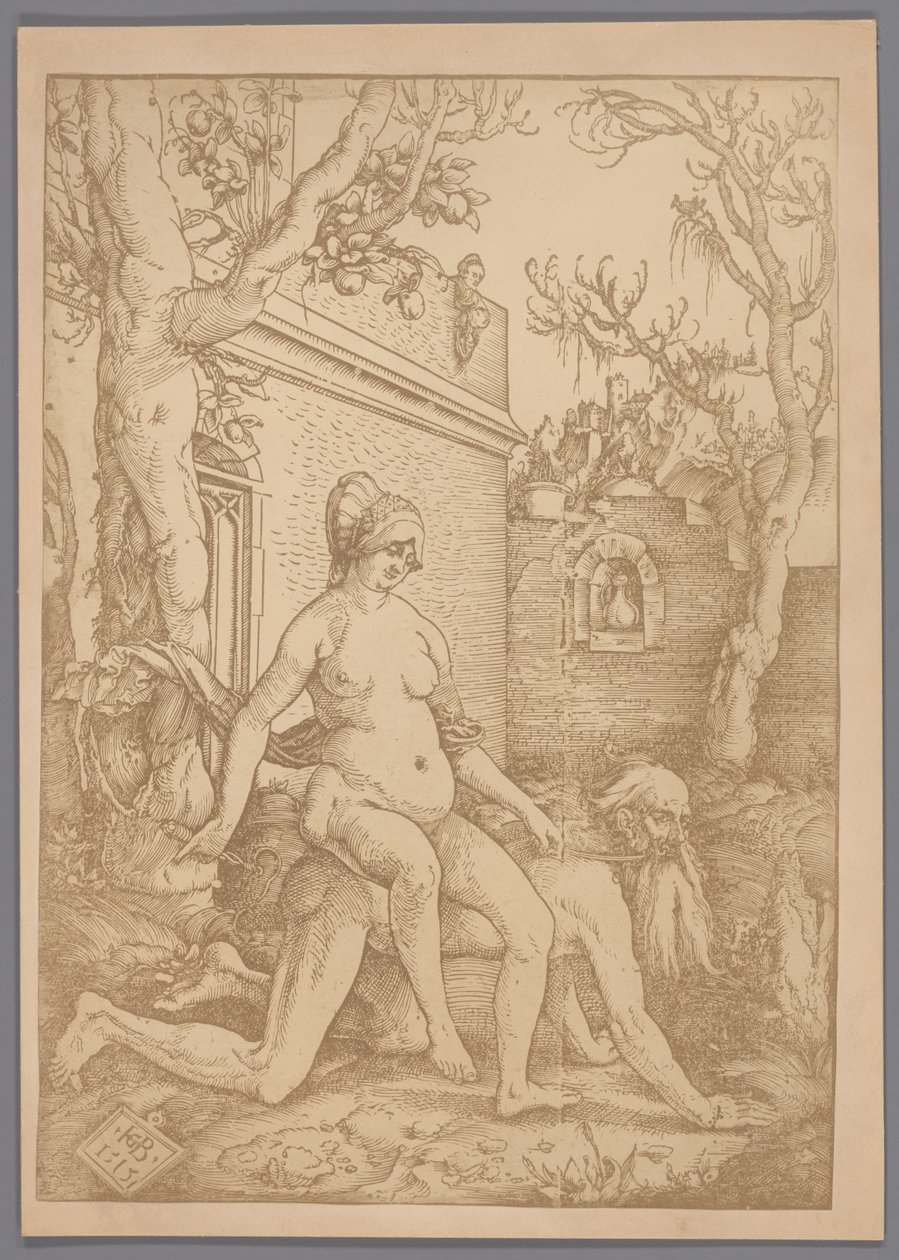 Hans Baldung Grienによる木版画のアリストテレスとフィリスの写真複製 作： 匿名