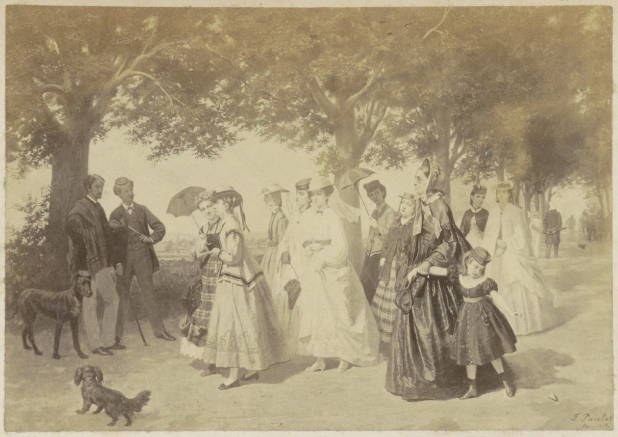 公園を散歩する女性と男性の絵の複製写真 作： 匿名