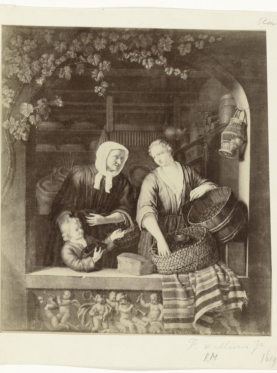 フランス・ファン・ミエリス2世の絵画「食料品店の女性」の写真複製 アムステルダム美術館。 Un Magasin d