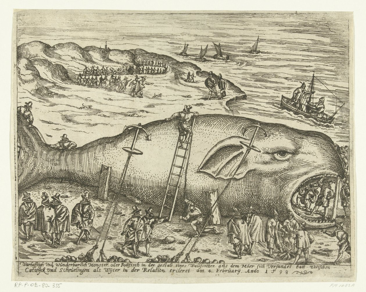 1598 年、バークヘイ近郊の座礁したウォルビス Warhafttigh And Wonderful Monster または Pottfisch クジラの形をしたもので、1598 年 2 月 4 日の関連 ercleret で、メーアがワイターとして Catwyck と Schevelingen の間で沈没したものです (tit 作： 匿名