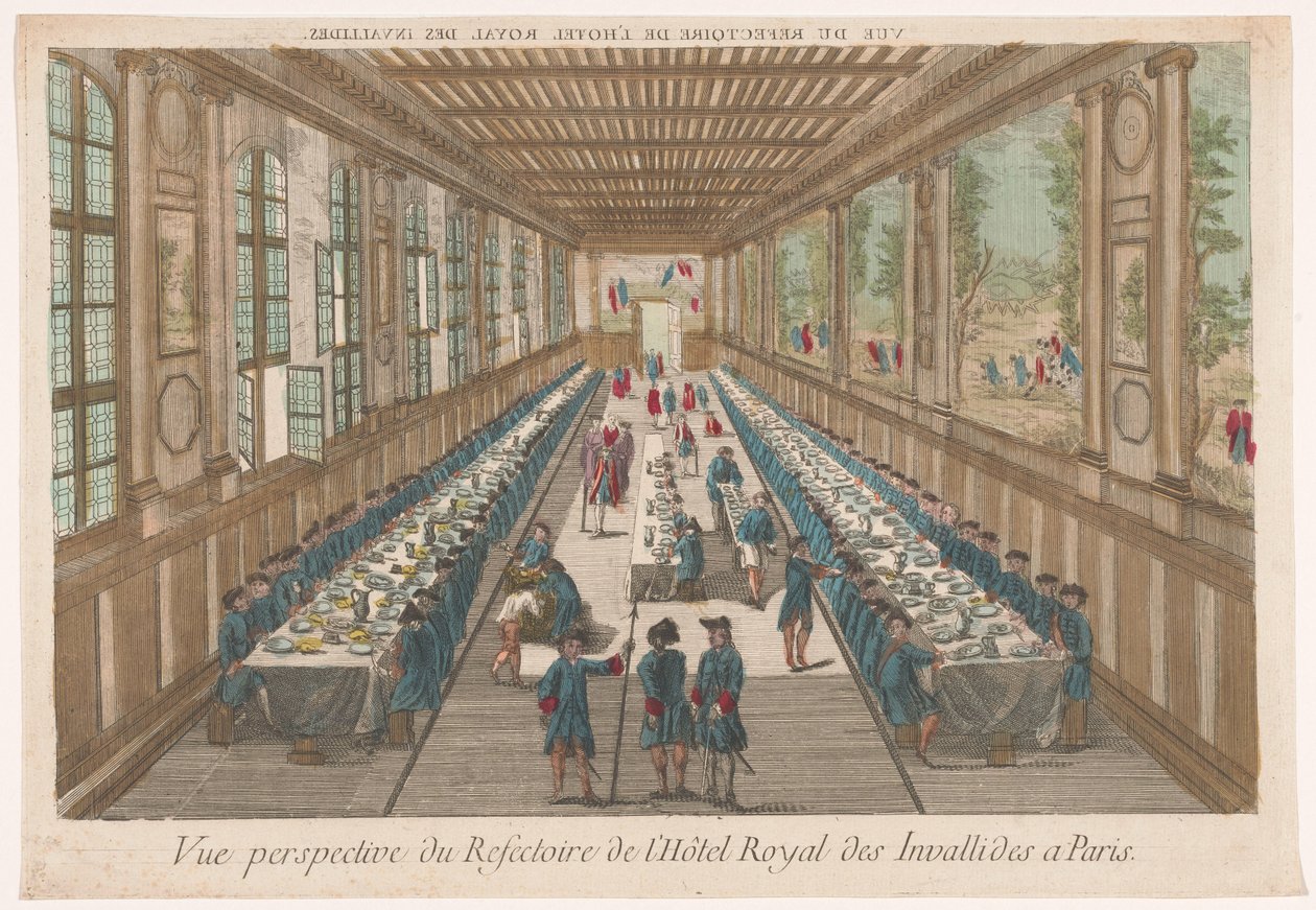 パリのオテル デ アンヴァリッドのダイニング ルームで食事をしているグループの様子 Vue perspective du refectoire de l