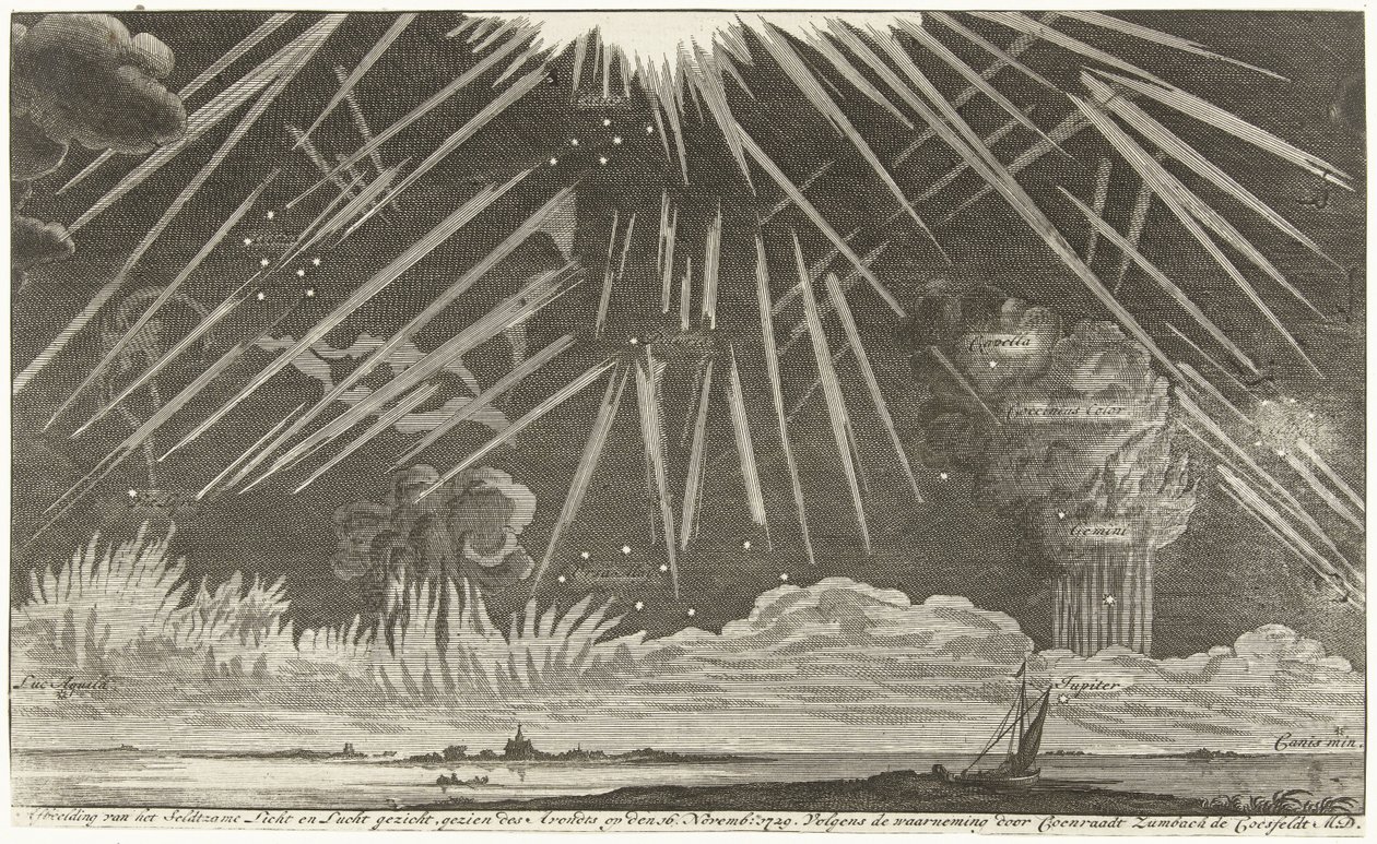 天体現象、1729年 1729 年 11 月 16 日の夕方に見られたセルトツァメの光と空の眺めの画像。Coenraadt Zumbach de Croesfeldt M.D. (オブジェクトのタイトル) 作： 匿名