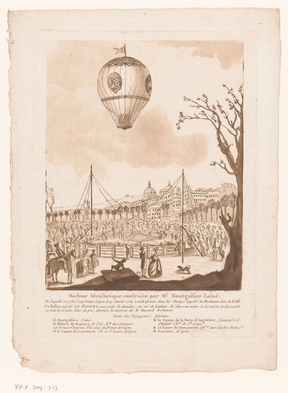 Luchtballon, Le Flezel, van Joseph-Michael Montgolfier the Elder buten Lyon モンゴルフィエ長老が作ったエアロスタティック マシン (オブジェクトのタイトル) 作： 匿名