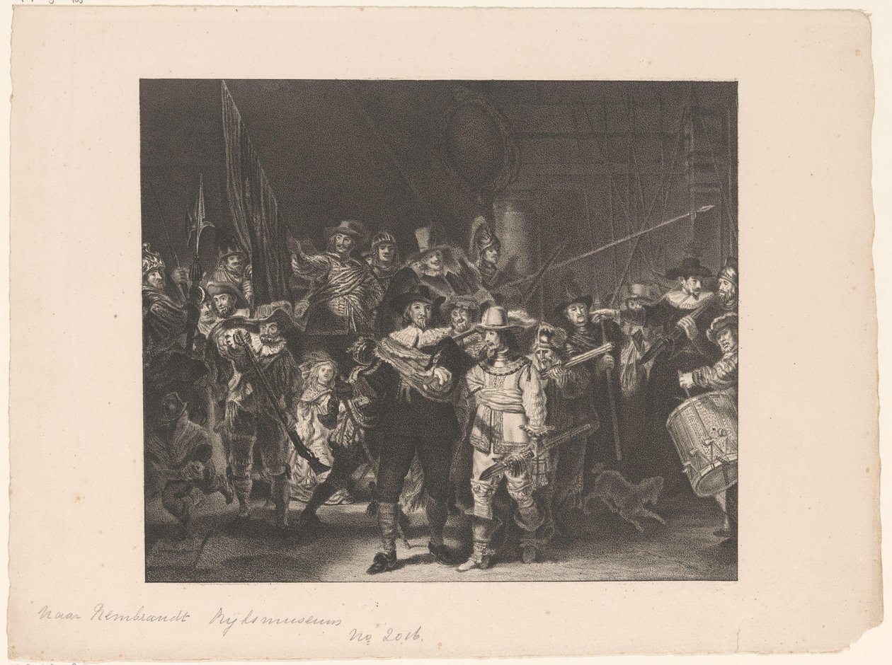 Frans Banninck Cocq大尉とWillem van Ruytenburch中尉が率いるアムステルダムの第2地区の将校とその他の民兵、「夜警」として知られる 作： 匿名