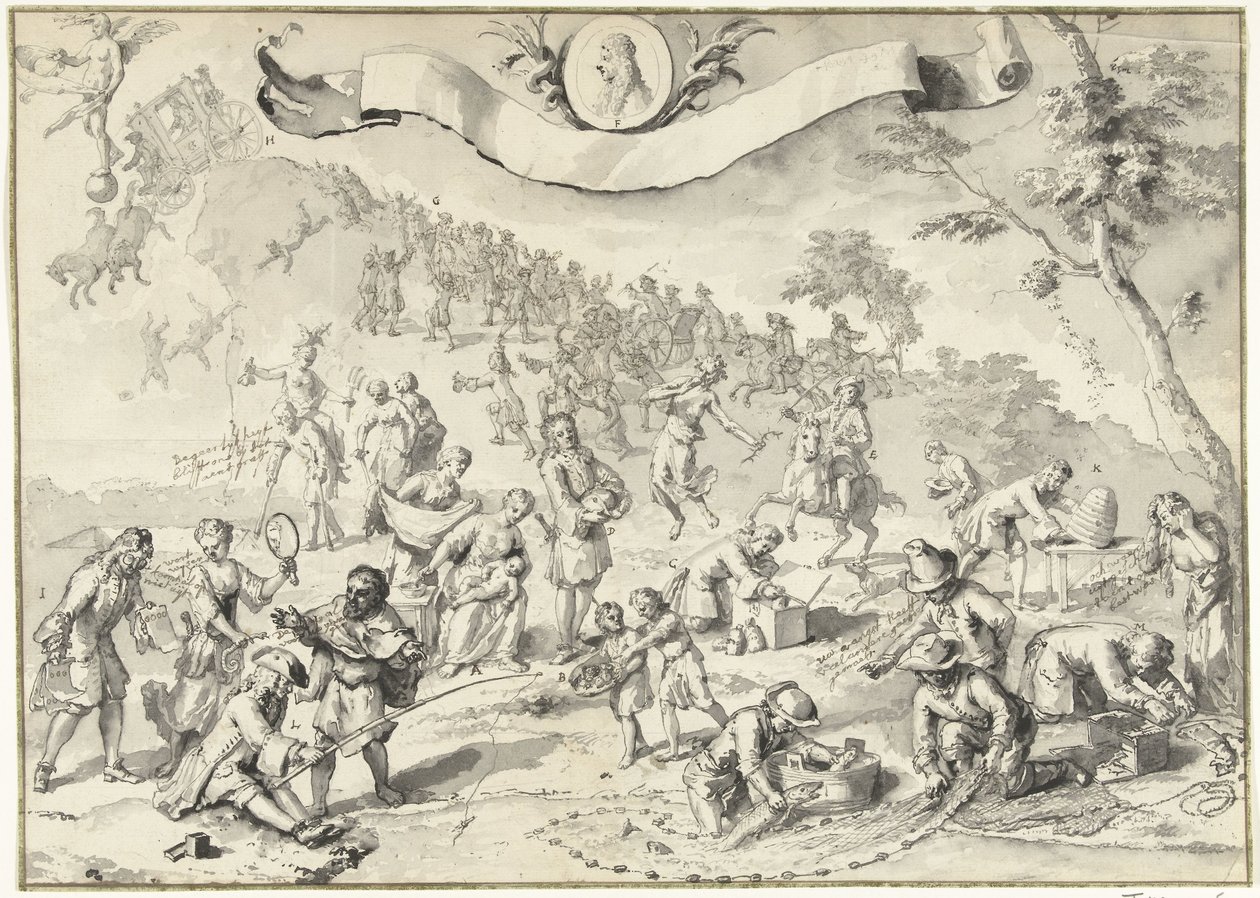 版画のデザイン画 強欲がフォーチュナを追い抜こうとする、1720年 The Great Table of Folly (シリーズタイトル) 作： 匿名
