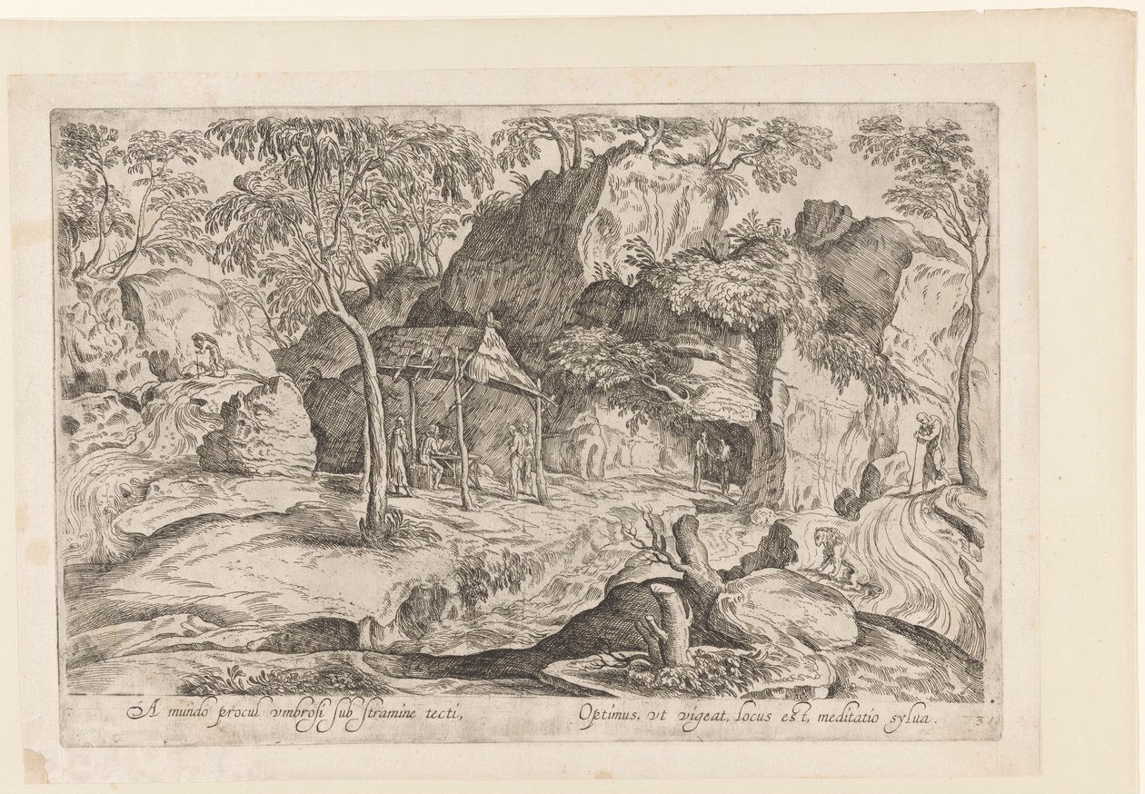 Rotsachtig landschap met dak op palen en rechts leeuw 世界から遠く離れた、茅葺き屋根の下で保護された/繁栄するのに最適な場所は、森の瞑想です（オブジェクトのタイトル） Landschappen naar Domenico Campagnola (シリーズ タイトル) 作： 匿名