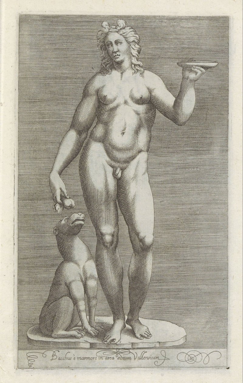 Sculptuur van Bacchus en een hond バッカスとヴァレンス宮殿の大理石 (オブジェクトのタイトル) ローマのアンティーク彫刻（シリーズタイトル） 公共の場で見られるローマ市の古代彫像のアイコン (シリーズ タイトル) 作： 匿名