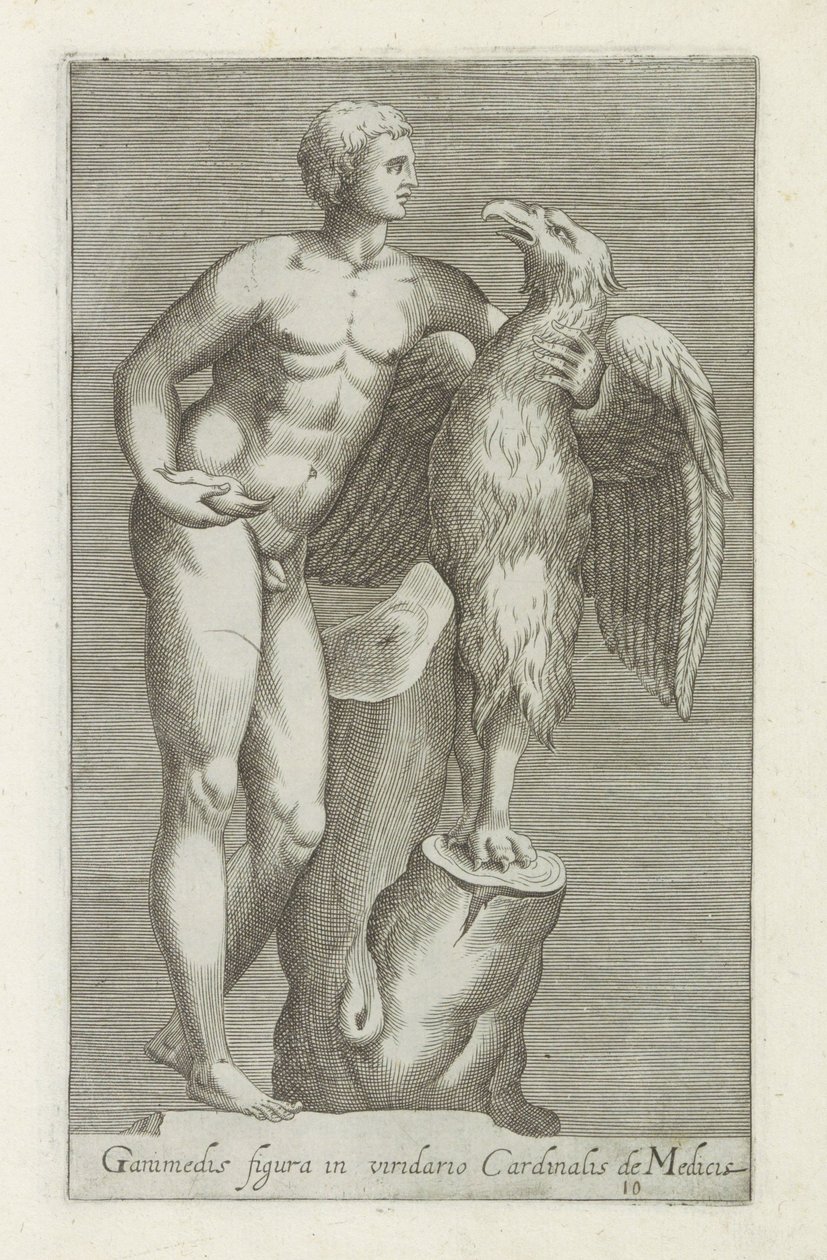 Sculptuur van Jupiter als adelaar met Ganymedes メディチ枢機卿の緑の庭のガニメデの図 (オブジェクトのタイトル) ローマのアンティーク彫刻（シリーズタイトル） 公共の場所で見られるローマ市の古代の彫像のアイコン (シリーズ タイトル) 作： 匿名