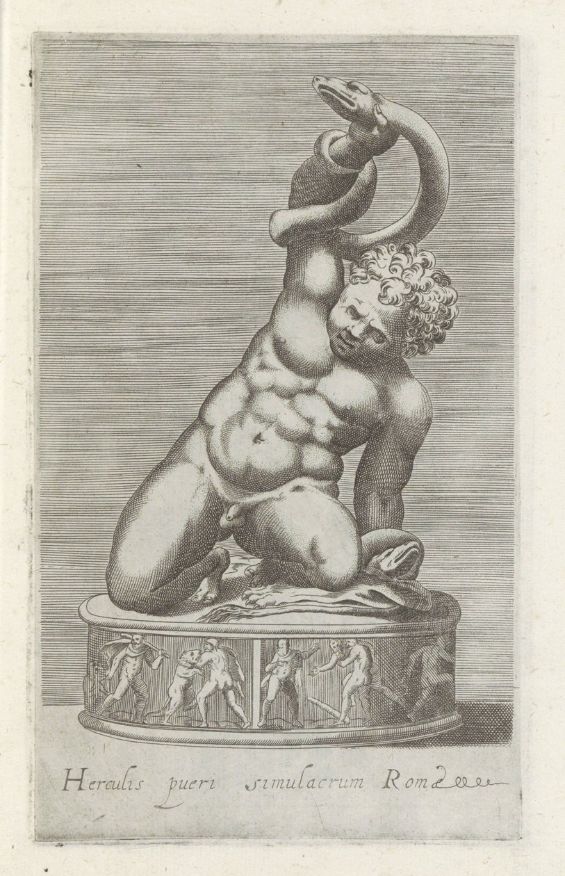 Sculptuur van de jonge Hercules in battle met een slang ローマの子ヘラクレスの像 (オブジェクトのタイトル) ローマのアンティーク彫刻（シリーズタイトル） 公共の場で見られるローマ市の古代彫像のアイコン (シリーズ タイトル) 作： 匿名