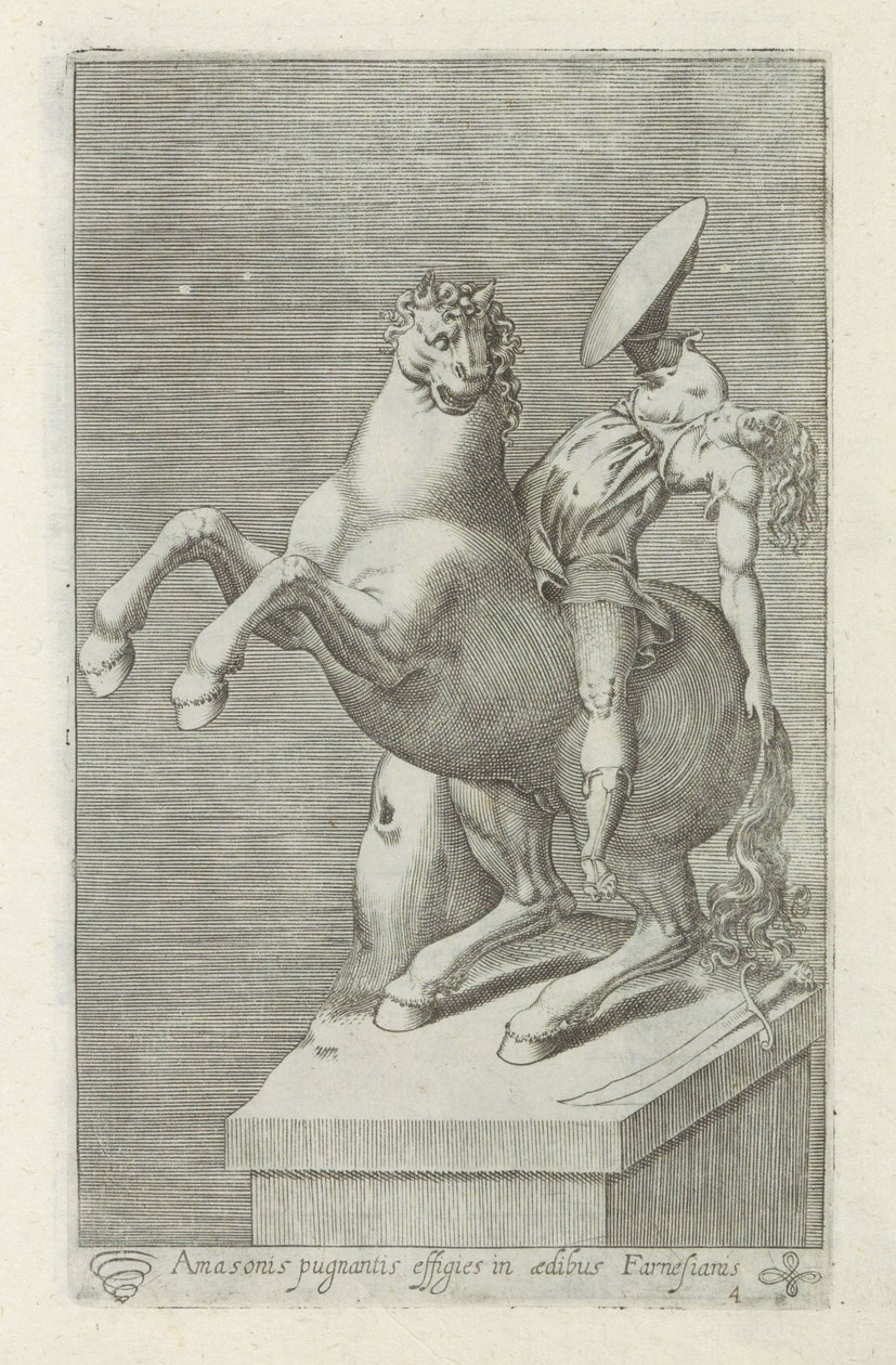 Sculptuur van een Amazone te paard ファルネシア宮殿で戦っているアマゾンの肖像 (オブジェクトのタイトル) ローマのアンティーク彫刻（シリーズタイトル） 公共の場で見られるローマ市の古代彫像のアイコン (シリーズ タイトル) 作： 匿名